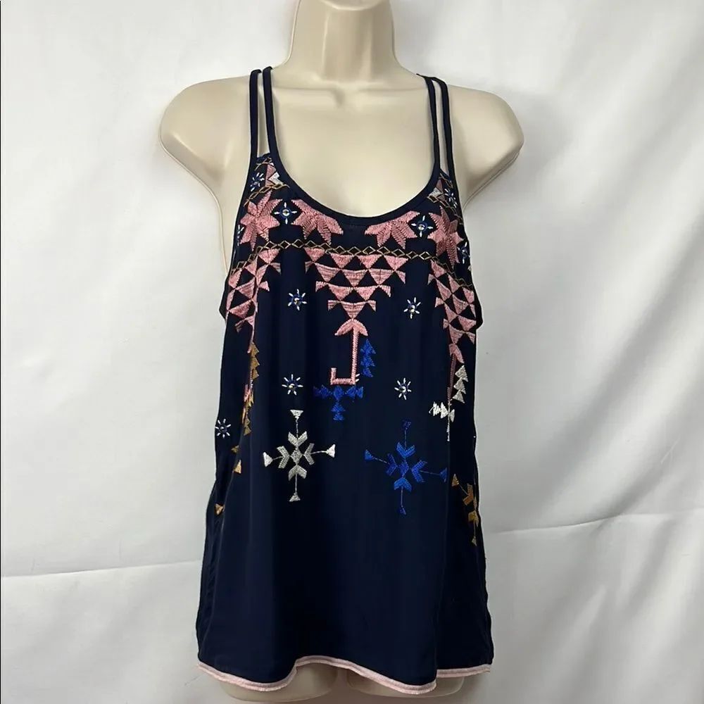 Lucky Brand Navy Blue Embroidered tank top EUC size small